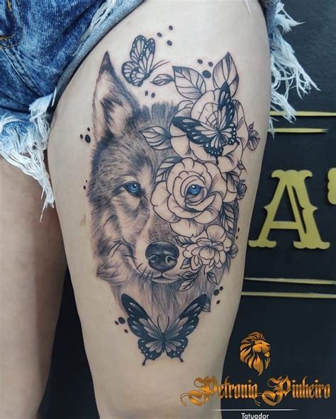 tatuagem feminina de lobo na coxa|Tatuagem na Coxa: Feminina, Masculina e。